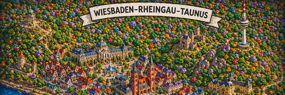 Eine Landkarte der Region Wiesbaden-Rheingau-Taunus im Design der fantasievollen virtuellen Spielwelt.