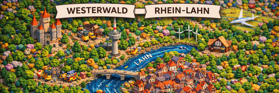 Eine Landkarte der Region Westerwald im Design der fantasievollen virtuellen Spielwelt.