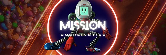 Der Kita-Held als Spielfigur präsentiert die Mission "Quereinsteiger" - im Hintergrund die fantasievolle virtuelle Spielwelt.