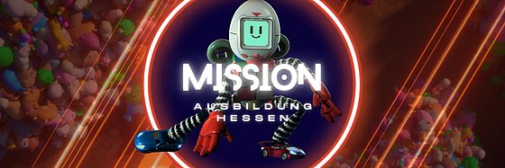 Der Kita-Held als Spielfigur präsentiert die Mission "Ausbildung - Hessen" - im Hintergrund die fantasievolle virtuelle Spielwelt.
