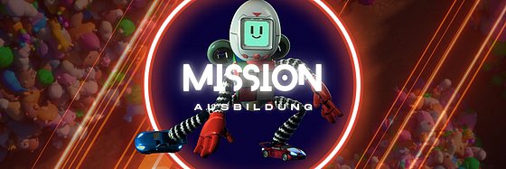 Der Kita-Held als Spielfigur präsentiert die Mission "Ausbildung" - im Hintergrund die fantasievolle virtuelle Spielwelt.